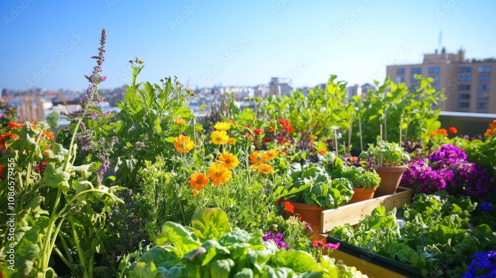 Fototapeta premium A rooftop terrace garden filled with vibrant flowers and vegetables, with a view of the clear blue sky