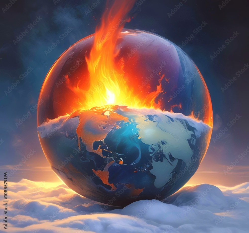 Illustration of melting earth globe with fire and flames. Illustration of melting earth globe with fire and flames.