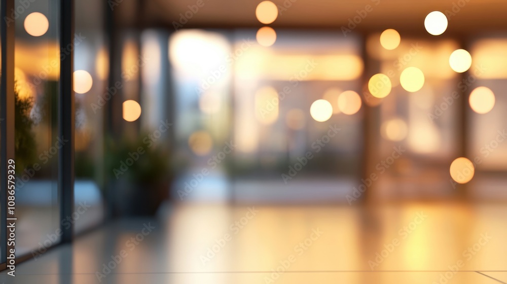 Soft bokeh lights illuminate a modern interior space with large windows during the evening hours in an urban setting Soft bokeh lights illuminate a modern interior space with large windows during the evening hours in an urban setting