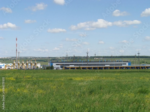 General view of the compressor station for pumping natural gas in the summer season