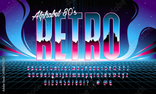 Retro Futuristic font in 1980s retrowave, synthwave style. Bright vector alphabet with chrome effect. Set with numbers, upper and lower case letters. Type for flyer, banner, poster, cover, etc.