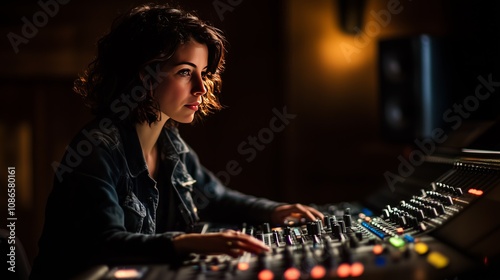 A young woman expertly adjusts sound levels at a recording studio during a late evening session with soft lighting