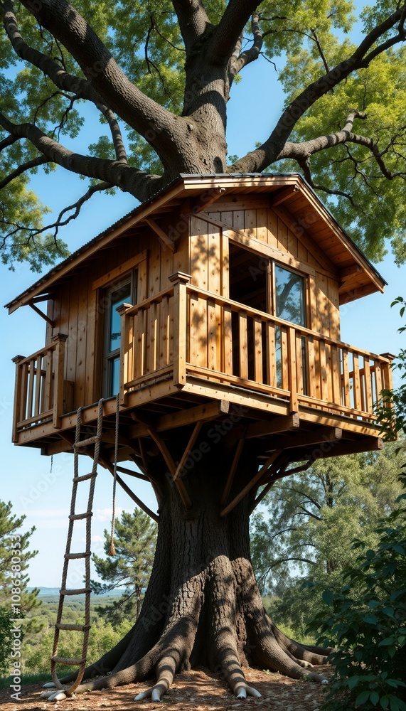 Nearly finished treehouse with rope ladder, fresh wood panels gleaming in sunlight, surrounded by leaves and blue sky Nearly finished treehouse with rope ladder, fresh wood panels gleaming in sunlight, surrounded by leaves and blue sky