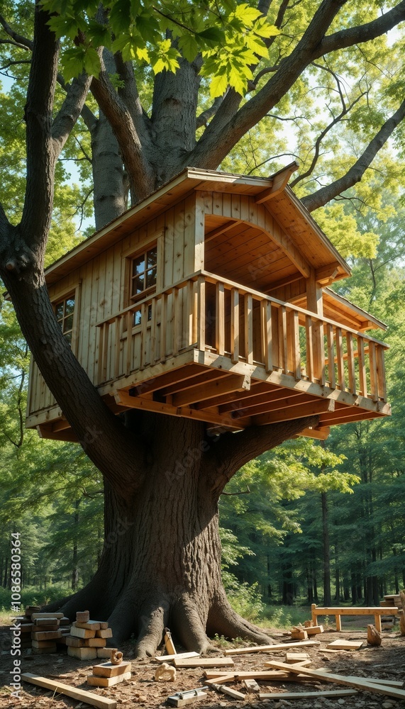 Charming wooden treehouse nestled in a large tree surrounded by lush greenery in a forest setting Charming wooden treehouse nestled in a large tree surrounded by lush greenery in a forest setting