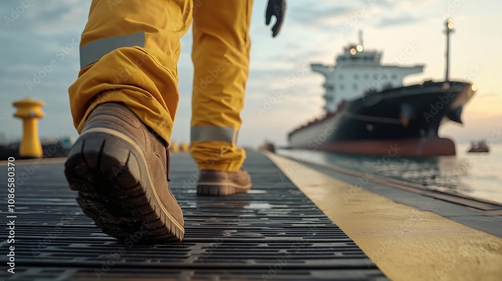 Close-Up of Logistics Worker Walking on Dock Near Large Cargo Ship in Early Morning Light, Emphasizing the Importance of Maritime Transportation and Industry Safety Close-Up of Logistics Worker Walking on Dock Near Large Cargo Ship in Early Morning Light, Emphasizing the Importance of Maritime Transportation and Industry Safety