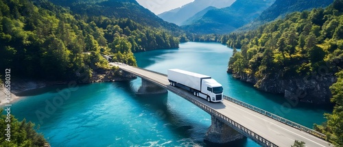 A white truck crosses a bridge over a turquoise river, surrounded by lush green mountains and trees. Concept Scenic Bridge Crossing, Turquoise River Views, Lush Mountain Landscape, Vehicle on Bridge