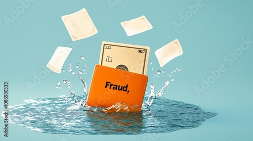 Illustration of a Wallet Sinking in Water with Bills and Soap Bars Representing Financial Fraud and Loss Risks in a Creative Conceptual Representation photo