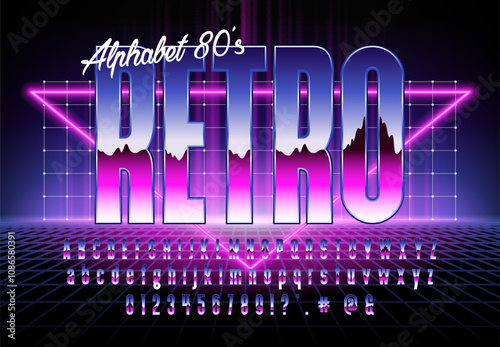 Retro Futuristic font in 1980s retrowave, synthwave style. Bright vector alphabet with chrome effect. Set with numbers, upper and lower case letters. Type for flyer, banner, poster, cover, etc.