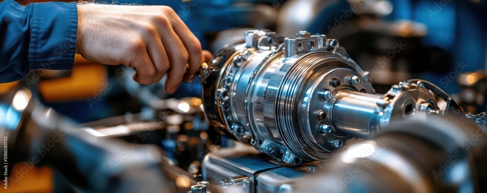 Naklejka premium Mechanic s hand fitting turbocharger, focusing on bolts and pipes, shiny metal details, clean and precise installation, photorealistic clarity