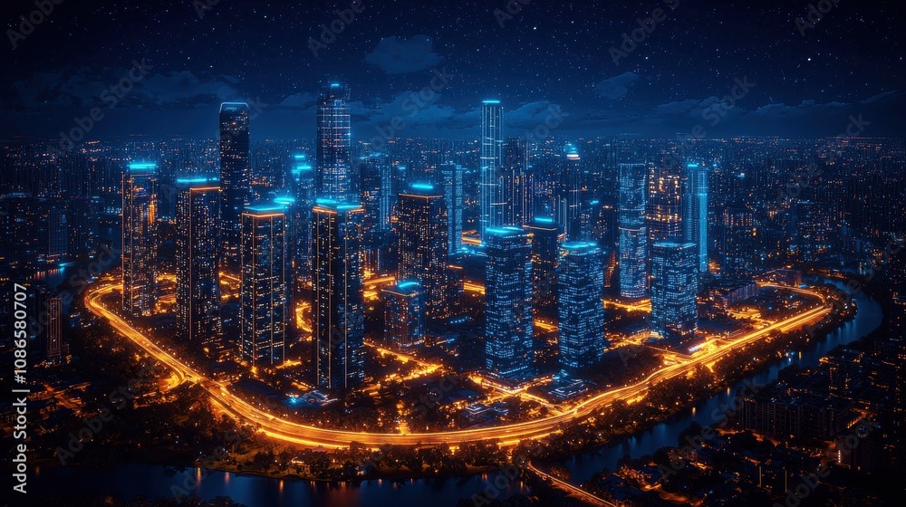 Aerial Night View of Urban City Skyline with Illuminated High-Rise Buildings Reflecting on Water Beneath a Starry Sky and Scenic River Curvature Aerial Night View of Urban City Skyline with Illuminated High-Rise Buildings Reflecting on Water Beneath a Starry Sky and Scenic River Curvature