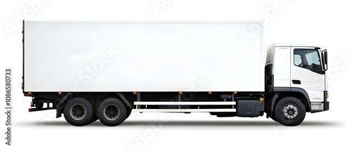 A white delivery truck with a large, empty cargo area, viewed from the side. Concept Delivery Truck Features, Side View Perspective, Cargo Space Analysis, Vehicle Design, Transportation Efficiency