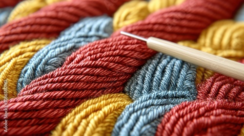 Close-Up of Colorful Yarn and Hook Showing Intricate Textile Crafting Techniques for Home Decor Projects and DIY Enthusiasts