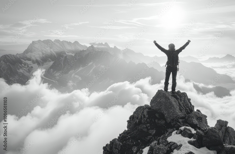 A triumphant hiker celebrates atop a majestic mountain peak A triumphant hiker celebrates atop a majestic mountain peak