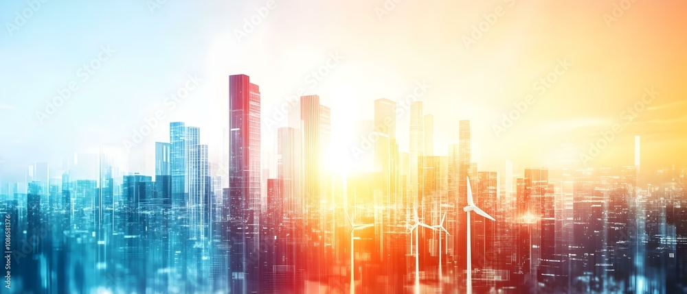 A futuristic city skyline at sunset, featuring tall buildings and vibrant colors blending from blue to orange. Concept Futuristic Cityscape, Sunset Colors, Tall Buildings, Vibrant Skyline