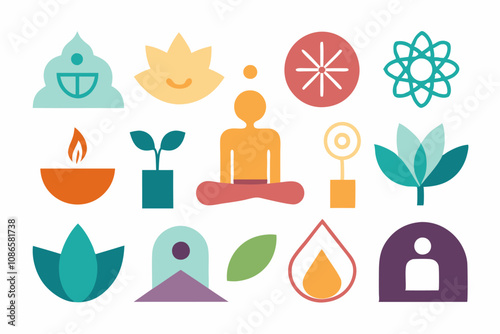 Abstract minimalist spirituality icons collection featuring meditation and nature symbols