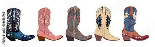 Set of different cowgirl boots. Traditional western cowboy boots decorated with embroidered wild west ornament. Realistic vector art illustrations isolated on transparent background. PNG clipart