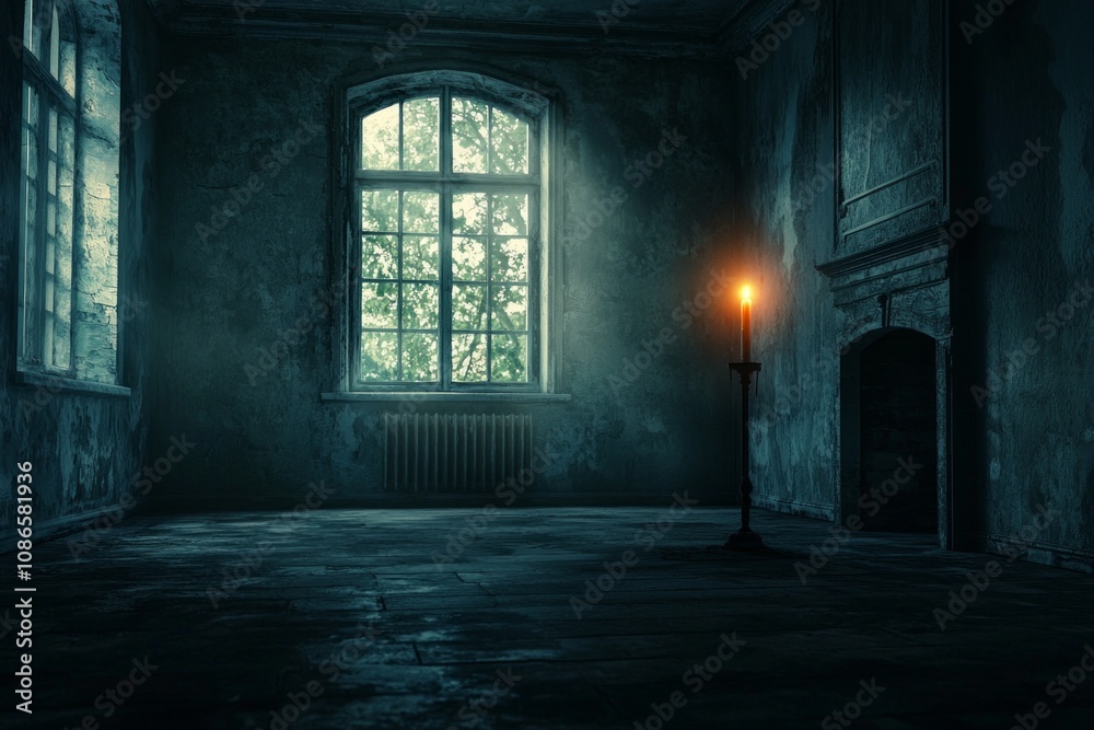 Obraz premium Dark, empty room with a single lit candle casting a dramatic glow, creating a mood of solitude and introspection. 