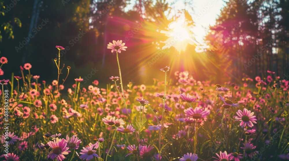 Sunlit Meadow Of Pink Flowers At Sunset Sunlit Meadow Of Pink Flowers At Sunset