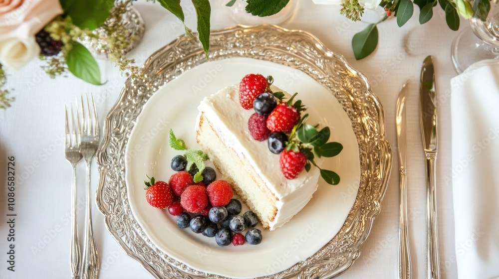 Simple angel food cake with a light vanilla glaze, garnished with fresh berries, elegant table setting Simple angel food cake with a light vanilla glaze, garnished with fresh berries, elegant table setting