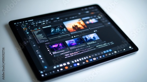 A modern tablet sits on a table showcasing video editing software. Colors and tools come alive on the screen. Creativity meets technology every day. Generative AI