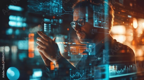 A focused professional analyzes digital data on a transparent screen, showcasing a futuristic, tech-driven environment.