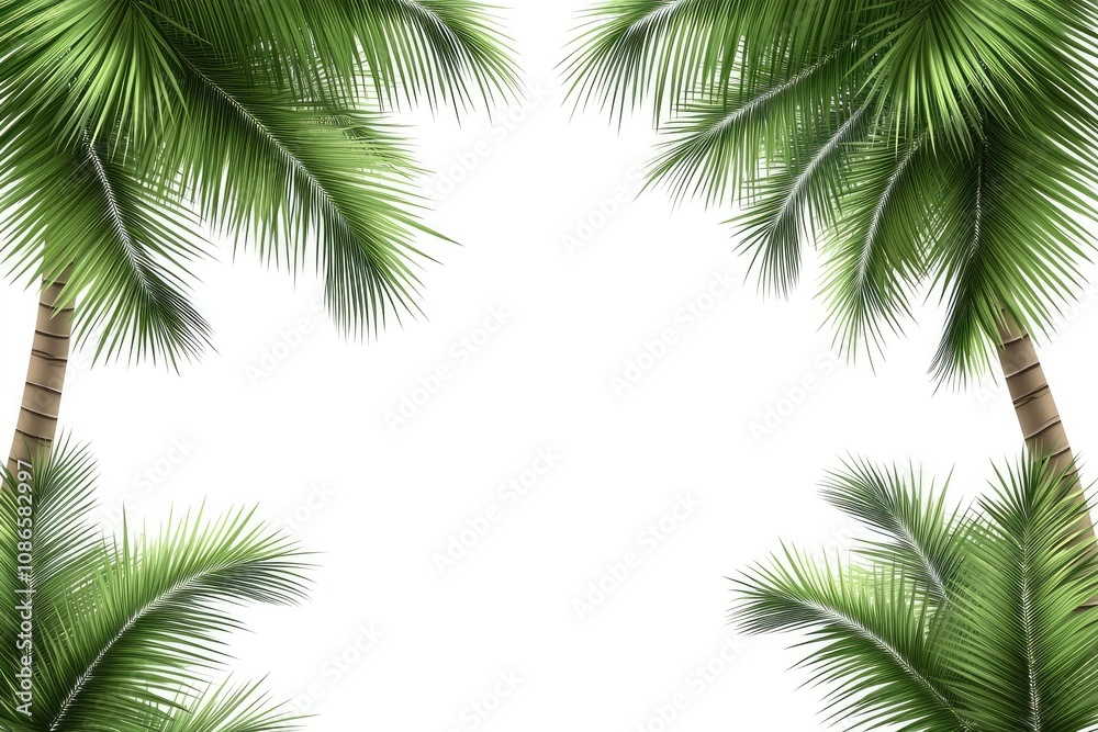 A palm tree is shown with its leaves spread out, creating a frame A palm tree is shown with its leaves spread out, creating a frame