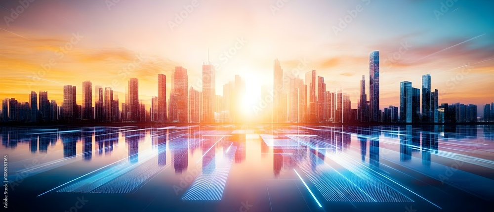 A futuristic city skyline at sunset, reflected in water, with vibrant colors and digital elements suggesting technology. Concept Futuristic City Skyline, Sunset Reflection, Vibrant Colors A futuristic city skyline at sunset, reflected in water, with vibrant colors and digital elements suggesting technology. Concept Futuristic City Skyline, Sunset Reflection, Vibrant Colors