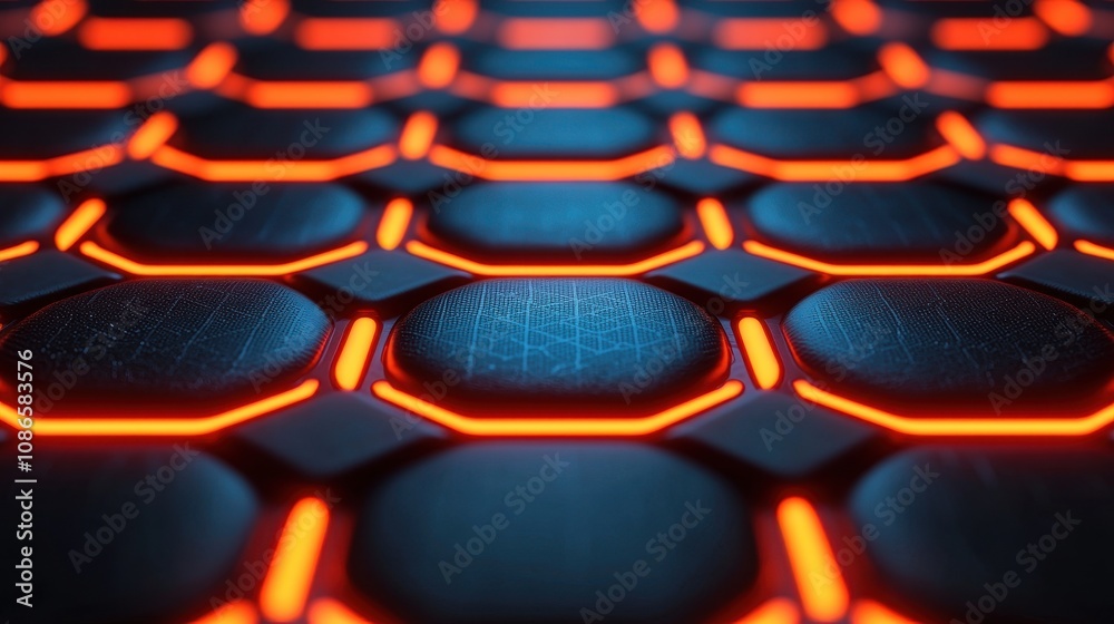 Obraz premium Futuristic Hexagonal Pattern with Glowing Orange Lines on a Dark Surface, Ideal for Technology and Science Fiction Themes in Graphic Design and Digital Art