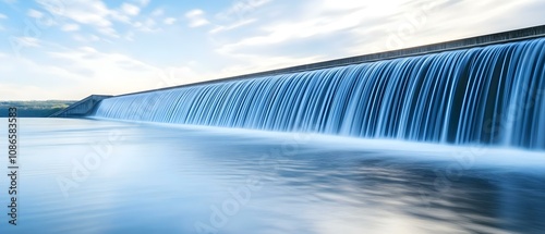 A serene waterfall cascade flowing over a dam with calm water reflecting the sky. Concept Serene Waterfall, Cascading Water, Dam Reflections, Tranquil Nature, Sky Reflection