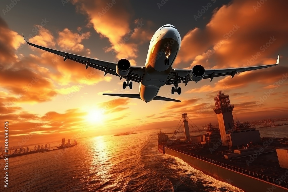 Naklejka premium Airplane Flying Over Ocean at Sunset Near Cargo Ship