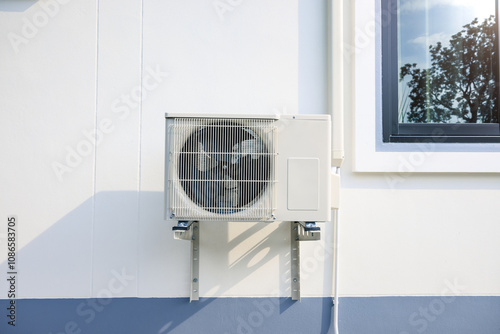 Condenser unit or compressor outside home or residential building. Unit of central air conditioner AC or heating ventilation air conditioning system HVAC. Electric fan and refrigerant pump inside.