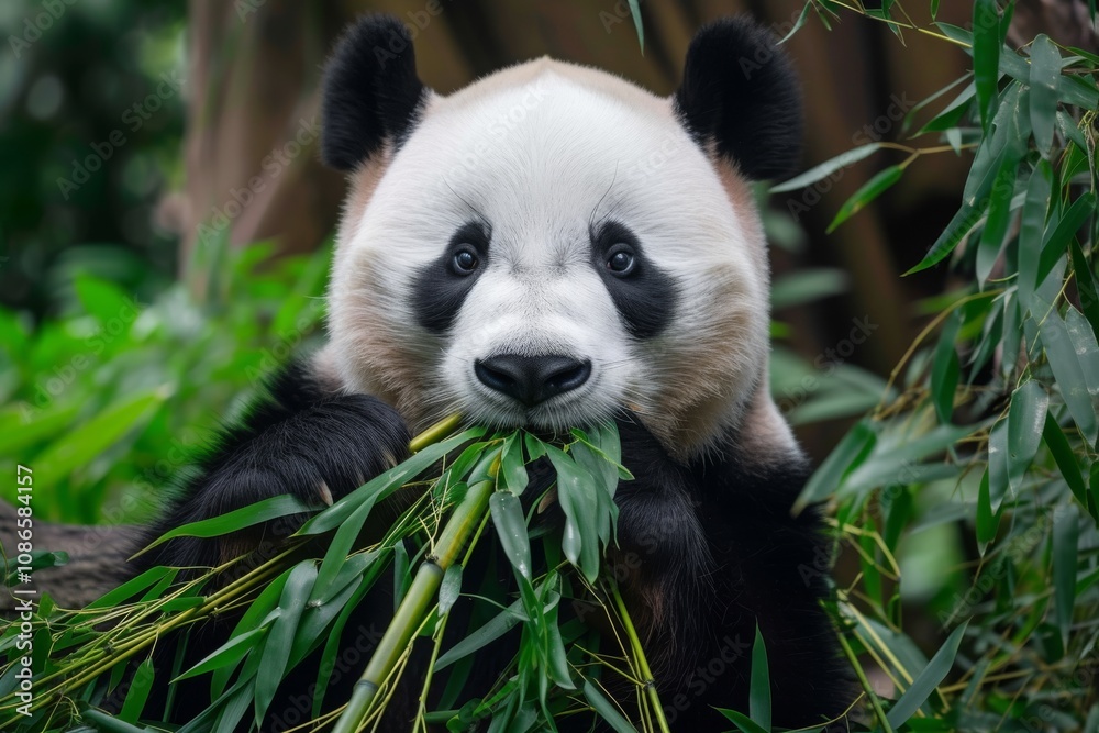A panda with black ears and eyes looks directly at the camera while chewing on a stalk of bamboo A panda with black ears and eyes looks directly at the camera while chewing on a stalk of bamboo