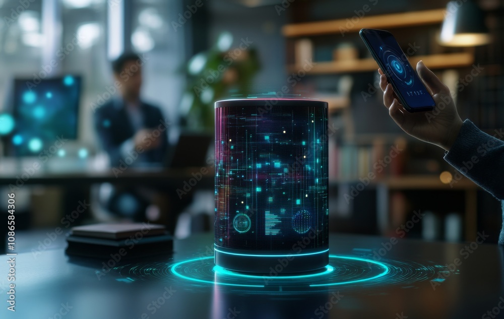 AI device with voice control interface and holographic data visualizations on the table, showing smart home technology for remote working AI device with voice control interface and holographic data visualizations on the table, showing smart home technology for remote working