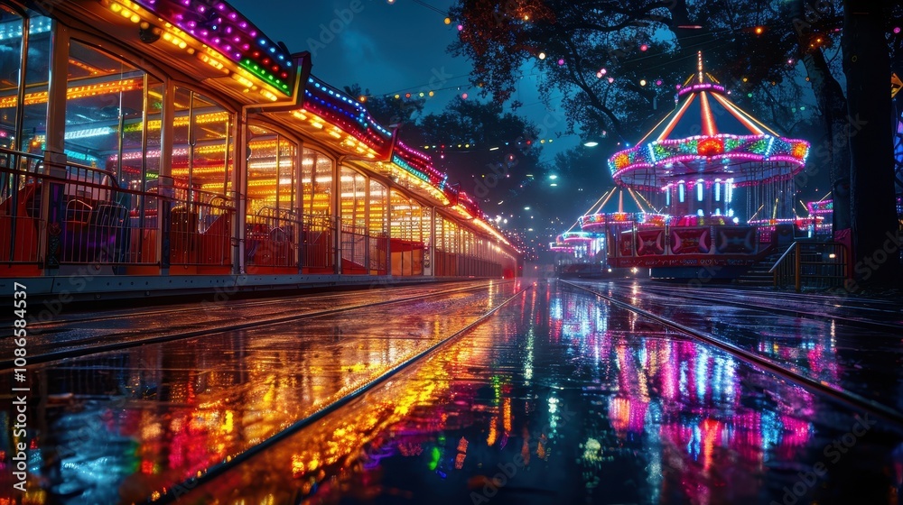 Illuminated Carnival Rides Reflecting In Rainy Night Illuminated Carnival Rides Reflecting In Rainy Night