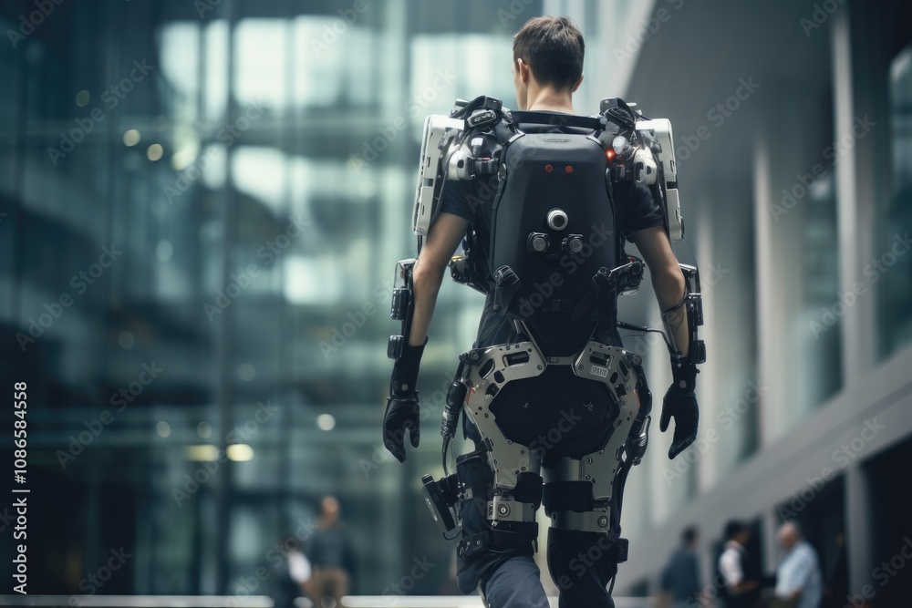 A person in a futuristic exoskeleton walks through a city with modern architecture A person in a futuristic exoskeleton walks through a city with modern architecture