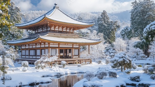 Wallpaper Mural Elegant pagoda surrounded by a snowy landscape, with the gentle curves of the roof highlighted against the white backdrop Torontodigital.ca