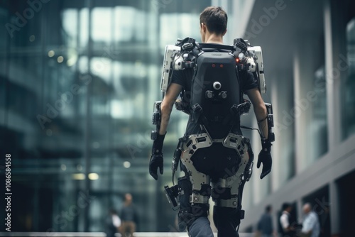 A person in a futuristic exoskeleton walks through a city with modern architecture