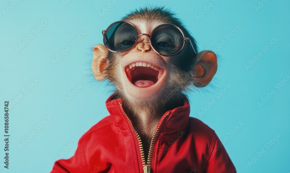 A monkey wearing sunglasses and a red jacket laughs. AI. A monkey wearing sunglasses and a red jacket laughs. AI.