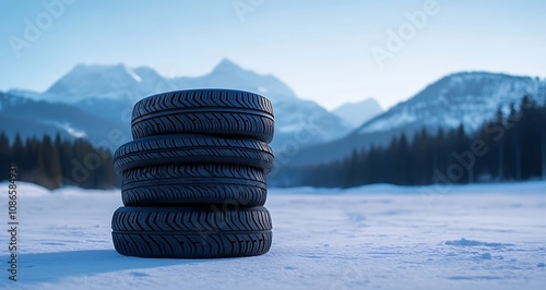 A set of winter tires on the snow-covered ground with mountains and trees in the background The scene is captured from an eye-level perspective showcasing four black rubber wheels stacked together