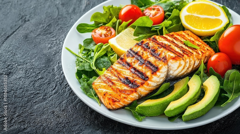 Vibrant detox meal with grilled fish, avocado, and greens, focusing on healthy fats and fatburning nutrition, detox meal, fat reduction concept