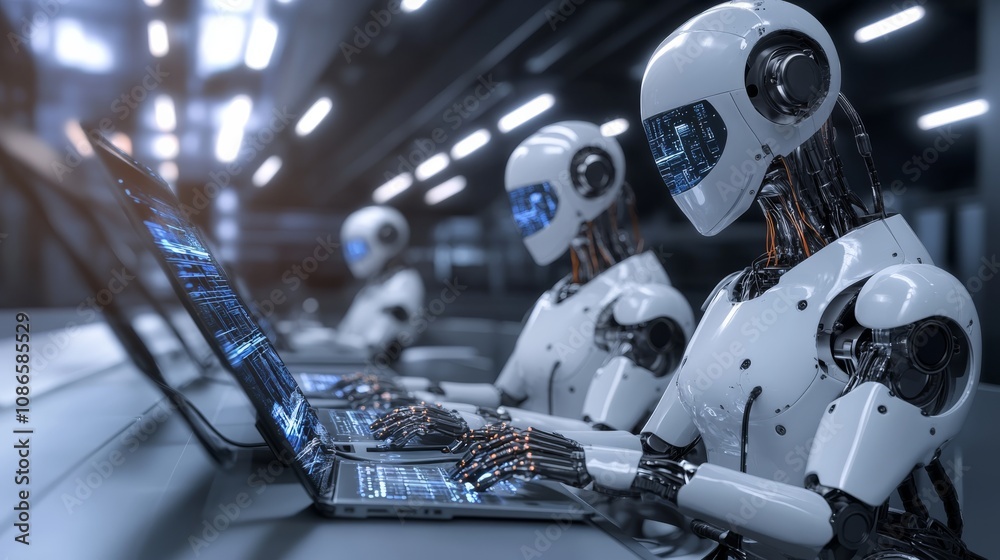 Fototapeta premium A futuristic scene depicting humanoid robots working on laptops in a high-tech environment, highlighting advancements in robotics and AI technology.