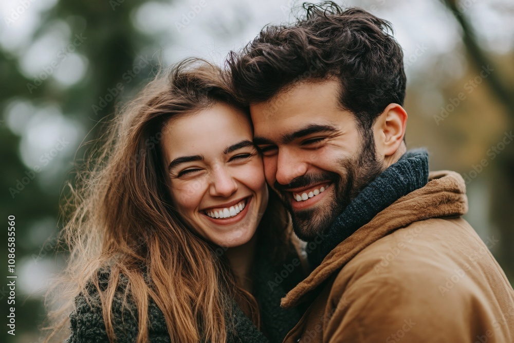 Fototapeta premium Happy Couple Smiling Romantic Portrait Autumn Outdoors