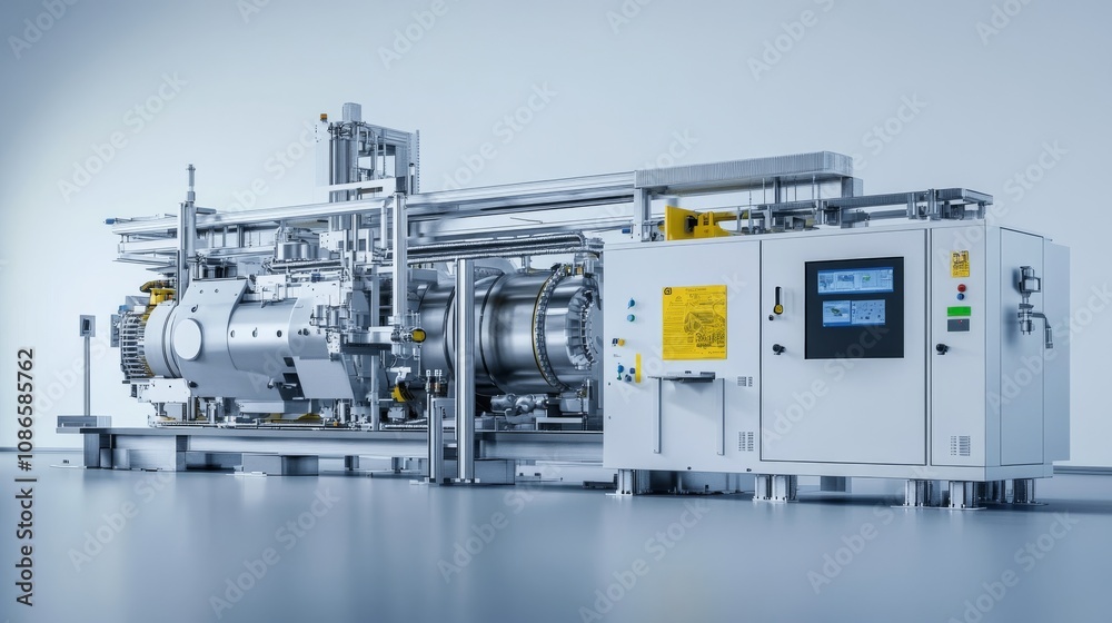 A modern industrial machine designed for processing materials, featuring a sleek design and advanced technology in a clean environment. A modern industrial machine designed for processing materials, featuring a sleek design and advanced technology in a clean environment.
