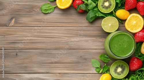 Clean minimalist detox smoothie on a wooden table, surrounded by leafy greens and fatburning fruits, detox smoothie minimalism, diet concept photo