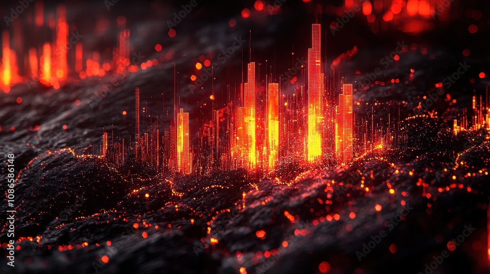 Naklejka premium Abstract digital landscape featuring glowing red and orange spikes, depicting an otherworldly terrain of illuminated volcanic eruptions and molten lava flows in a futuristic setting