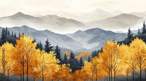 Abstract Marketing Background Featuring a 3D Carpet Wallpaper Design with Modern Art Elements, Depicting a Forest Scene with Golden Trees and Brown Tones, Enhanced by Simple Mountain Illustrations for