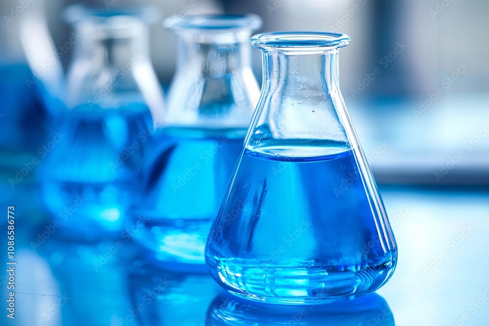 Science Lab Blue Liquid in Erlenmeyer Flasks Chemistry Experiment Research Science Bac Science Lab Blue Liquid in Erlenmeyer Flasks Chemistry Experiment Research Science Bac