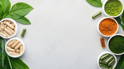 Flat lay of detox powders, herbs, and fatburning supplements, arranged aesthetically for diet and wellness, detox powders, fat burning supplements photo