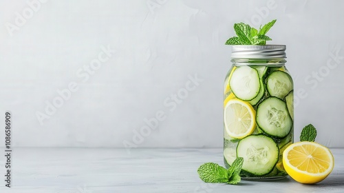 Glass jar of infused detox water with cucumber, lemon, and mint, representing a refreshing fatburning beverage, detox water, cleanse and weight loss concept photo