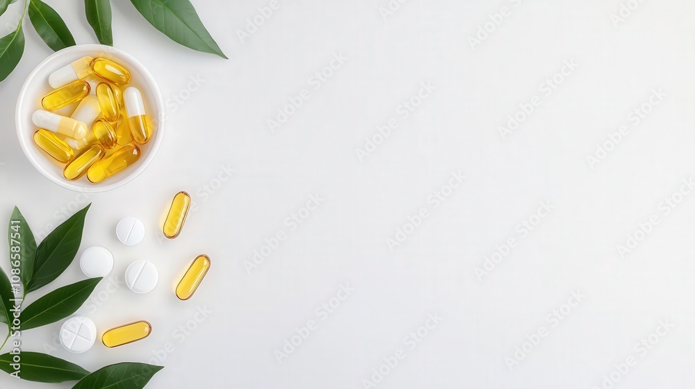 Fototapeta premium Minimalist setup of detox supplements and vitamins, focusing on fatburning and cleansing properties, detox supplements, fat loss and health